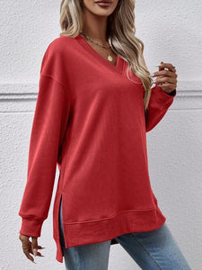 V-Neck Slit Long Sleeve Sweatshirt (9 Colors) Shirts & Tops Krazy Heart Designs Boutique Deep Red S 