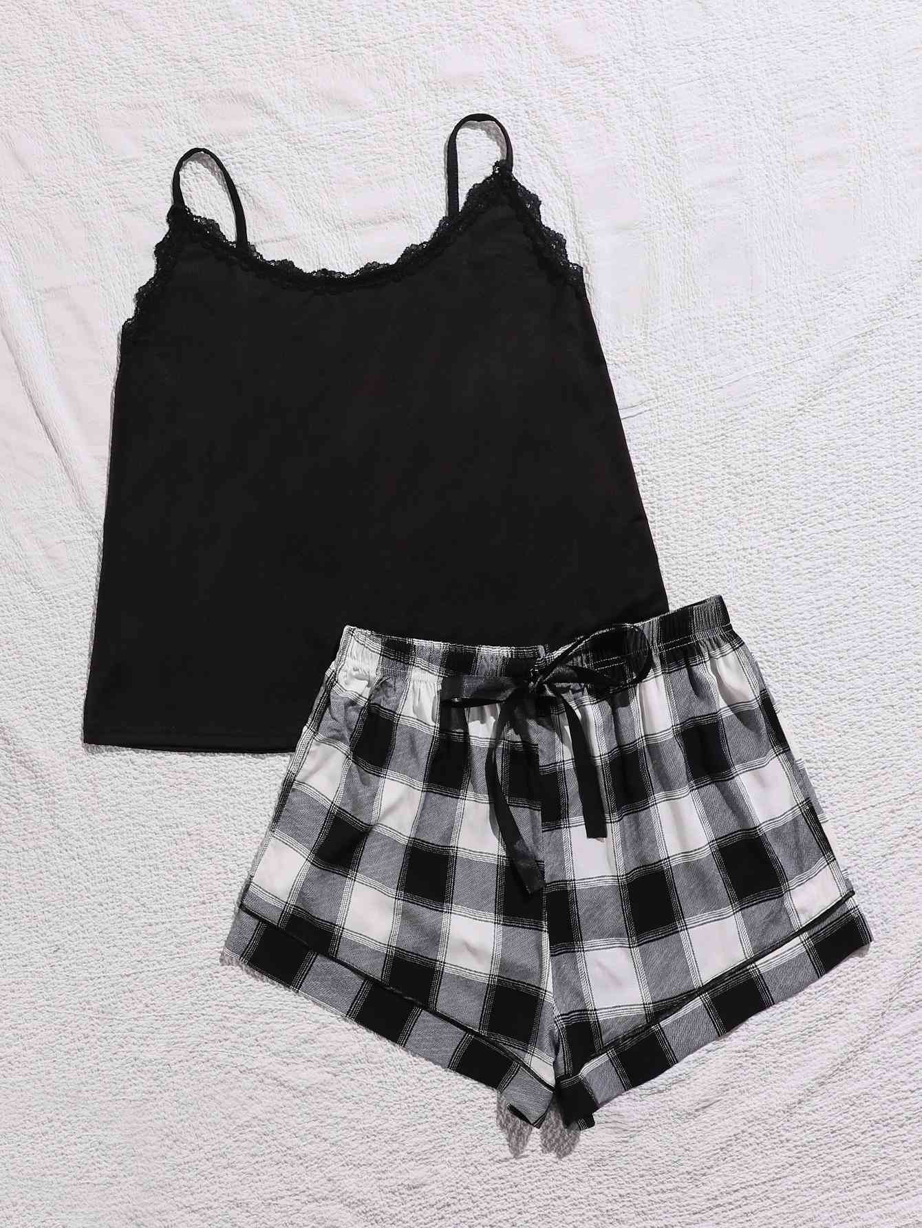 Plus Size Lace Trim Scoop Neck Cami and Printed Shorts Pajama Set ( 2 Style Designs) Loungewear Krazy Heart Designs Boutique Black Plaid 1XL 
