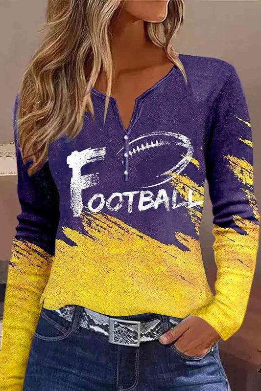 FOOTBALL Graphic Notched Neck Long Sleeve T-Shirt Shirts & Tops Krazy Heart Designs Boutique Violet S 