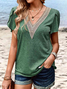 Contrast V-Neck Petal Sleeve Top (5 Colors) Shirts & Tops Krazy Heart Designs Boutique Mid Green S 