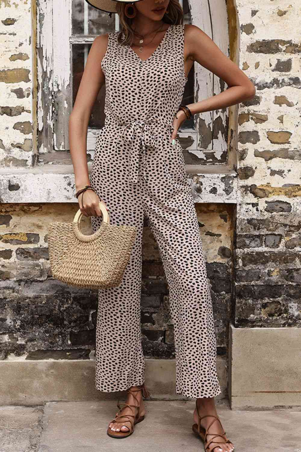 Printed Tie Front Sleeveless Jumpsuit  Krazy Heart Designs Boutique Khaki S 