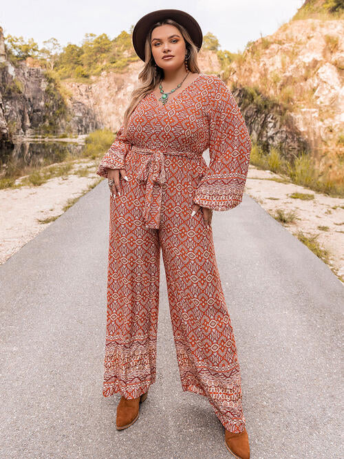 Plus Size Printed V-Neck Tie Front Balloon Sleeve Jumpsuit outfits Krazy Heart Designs Boutique Floral 0XL 