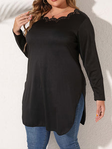 Plus Size Slit Long Sleeve T-Shirt  Krazy Heart Designs Boutique Black 1XL 