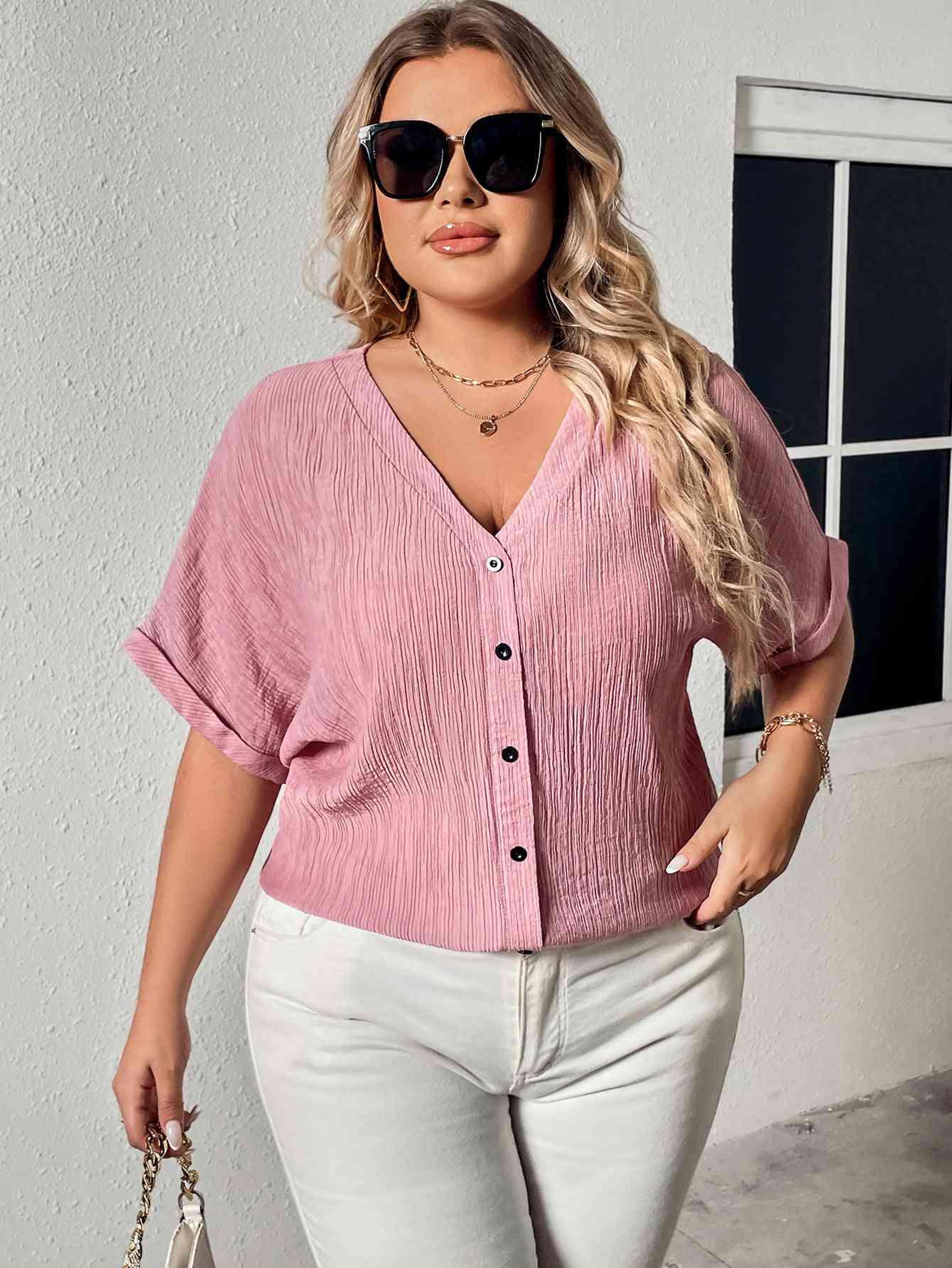 Plus Size Buttoned V-Neck Short Sleeve Blouse  Krazy Heart Designs Boutique Blush Pink 1XL 