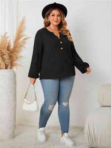 Plus Size Openwork Notched Button Front Blouse  Krazy Heart Designs Boutique   