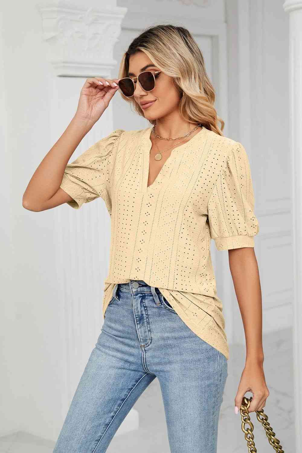 Eyelet Short Puff Sleeve Notched Neck Top (12 Colors)  Krazy Heart Designs Boutique   