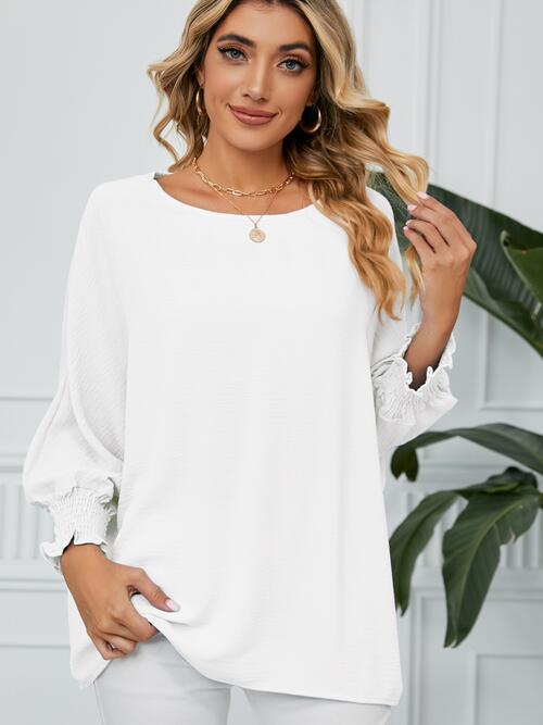 Smocked Lantern Sleeve Round Neck Blouse (5 Colors) Shirts & Tops Krazy Heart Designs Boutique White S 