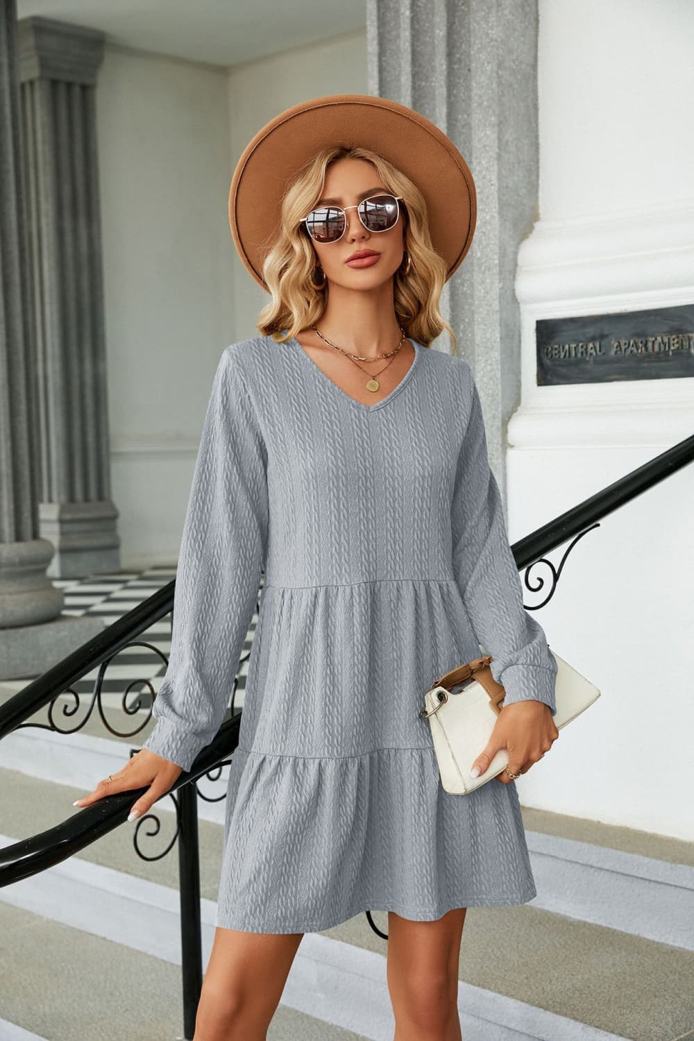V-Neck Long Sleeve Mini Dress (9 Colors)  Krazy Heart Designs Boutique Light Gray S 