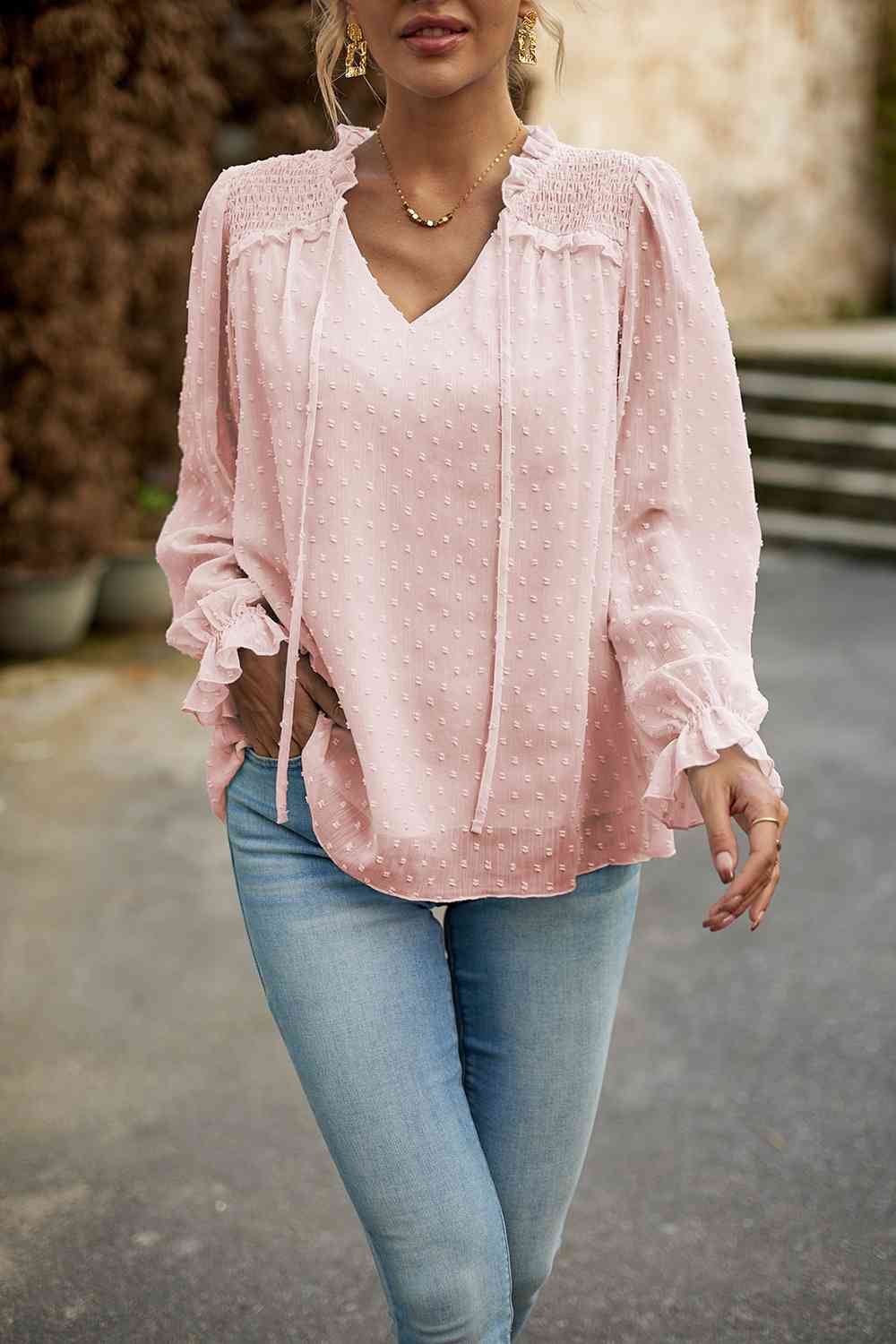 Swiss Dot Smocked Shoulder Blouse (4 Colors) Shirts & Tops Krazy Heart Designs Boutique Blush Pink S 