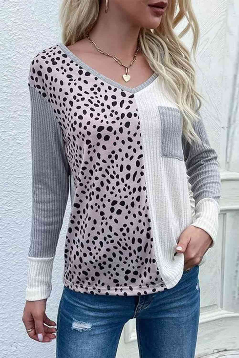 Color Block V-Neck Ribbed Top with Pocket Shirts & Tops Krazy Heart Designs Boutique Charcoal S 