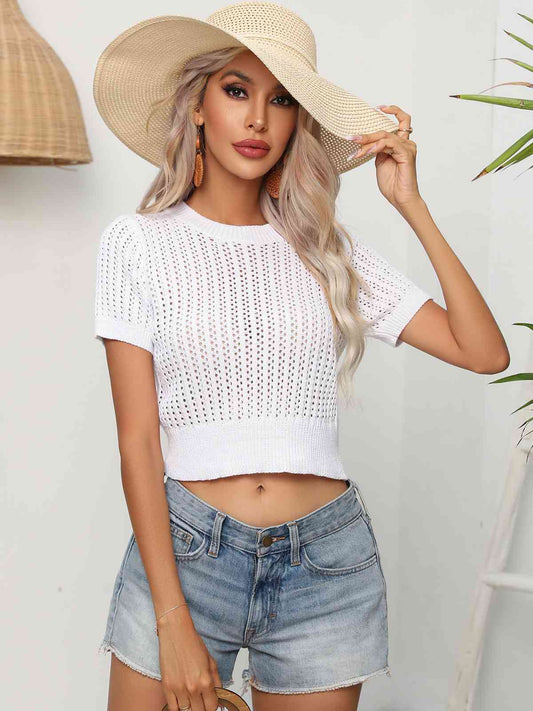 Round Neck Openwork Short Sleeve Knit Top Shirts & Tops Krazy Heart Designs Boutique White S 