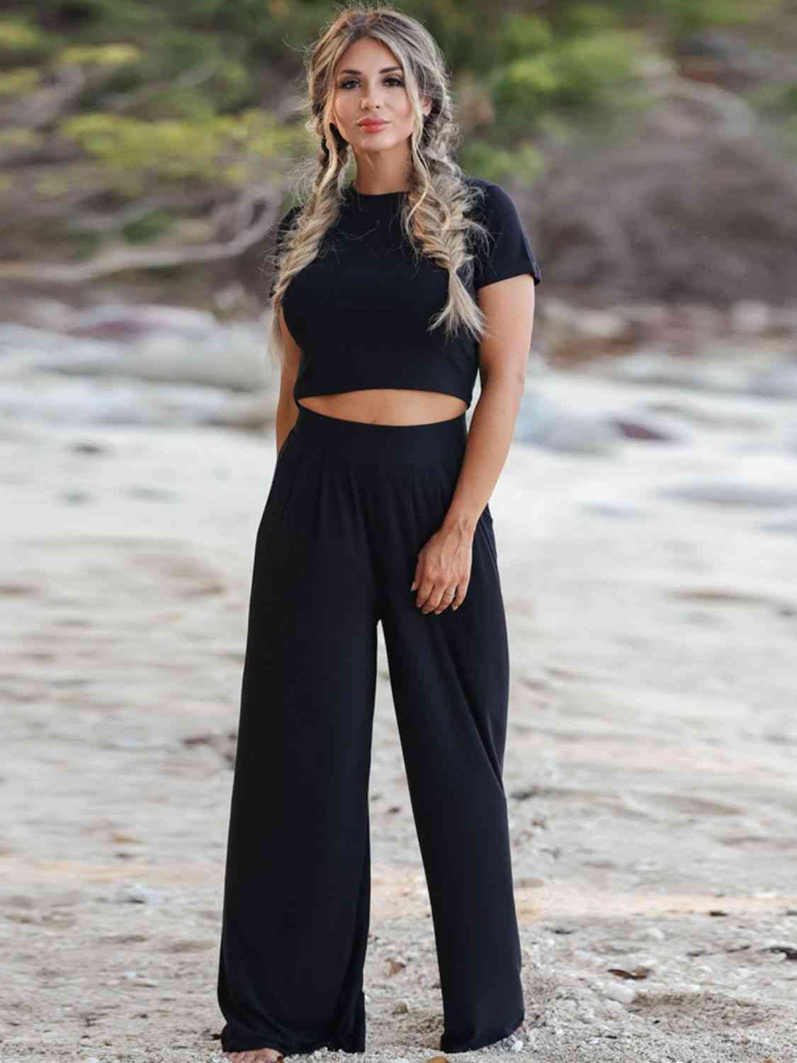 Short Sleeve T-Shirt and Wide Leg Pants Set Outfit Sets Krazy Heart Designs Boutique Black S 