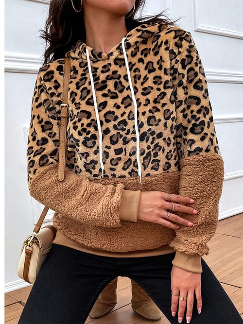 Leopard Print Color Block Drawstring Long Sleeve Hoodie Shirts & Tops Krazy Heart Designs Boutique Caramel S 