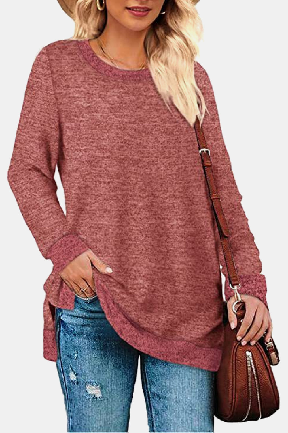 Round Neck Long Sleeve Slit T-Shirt (11 Colors)  Krazy Heart Designs Boutique   