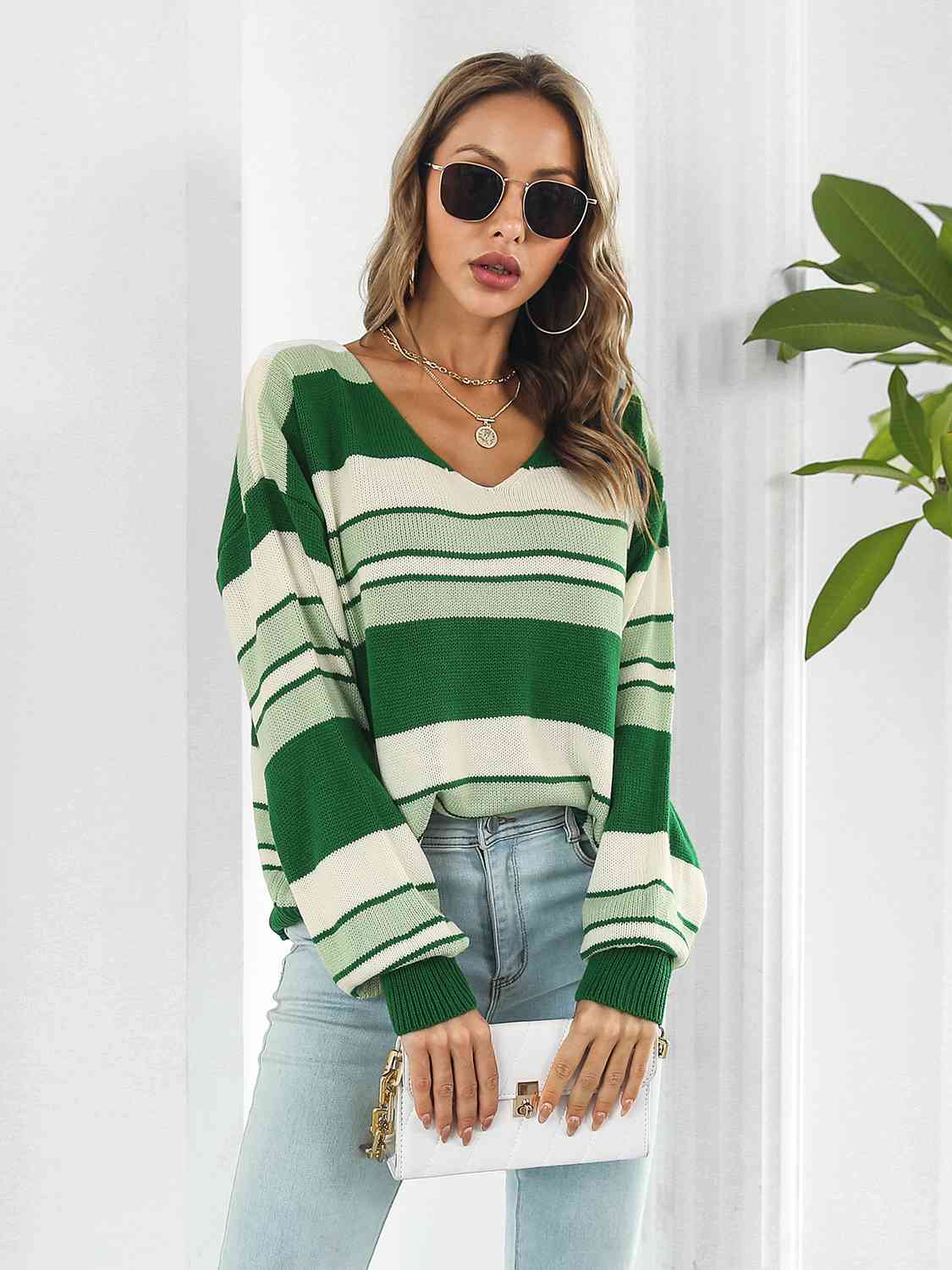 Striped V-Neck Long Sleeve Knit Top(3 Colors)  Krazy Heart Designs Boutique   