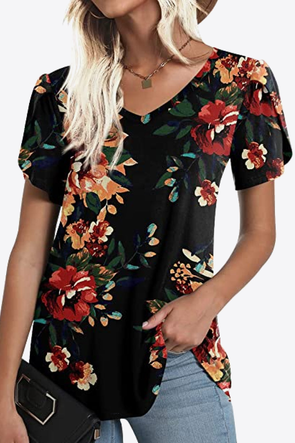 Printed Petal Sleeve V-Neck Blouse (12 Color Styles)  Krazy Heart Designs Boutique   