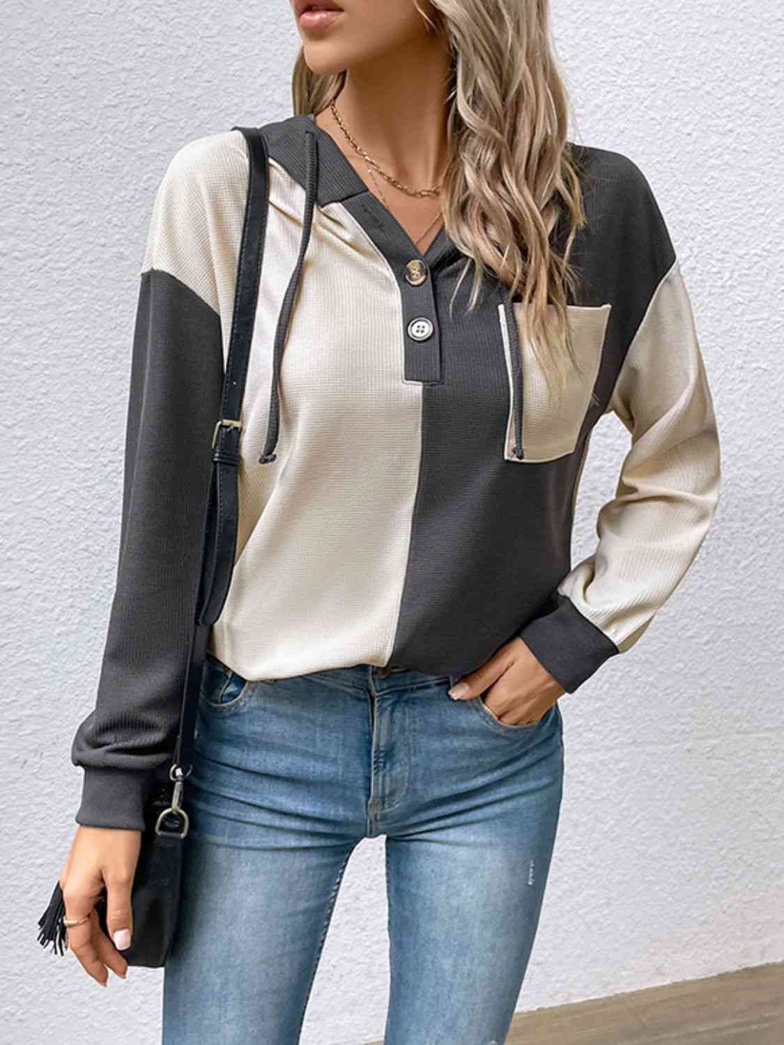 Contrast Color Button-Up Raglan Sleeve Hoodie Shirts & Tops Krazy Heart Designs Boutique   