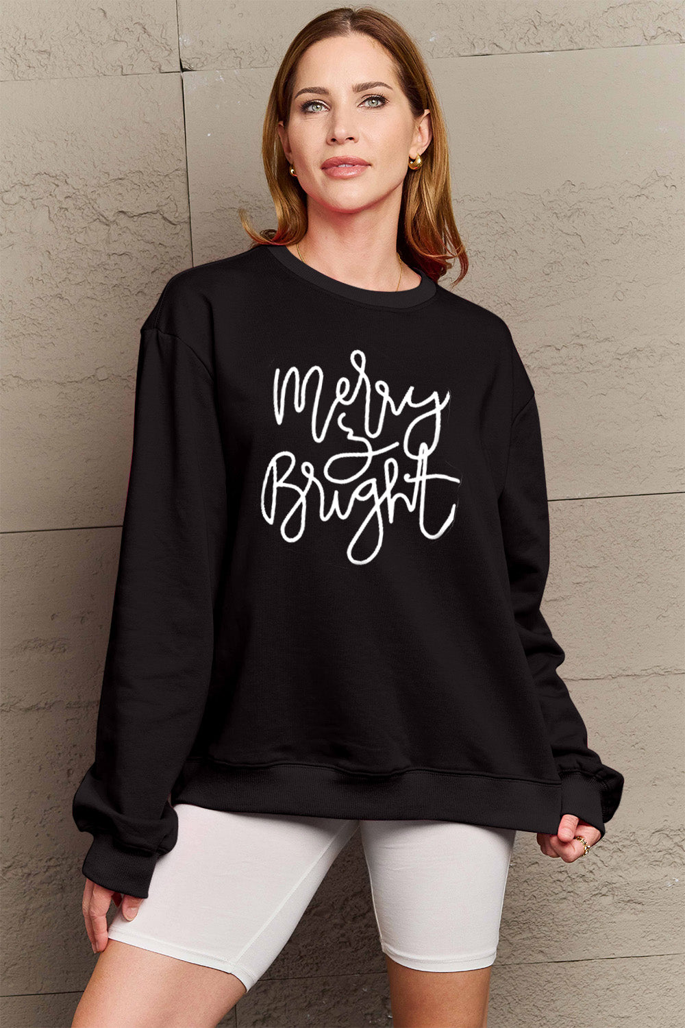 Simply Love Full Size MERRY AND BRIGHT Graphic Sweatshirt (3 Colors)  Krazy Heart Designs Boutique Black S 
