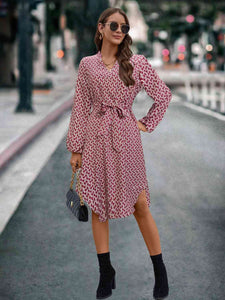 Printed Notched Tie Front Long Sleeve Dress (2 Colors) Dress Krazy Heart Designs Boutique   