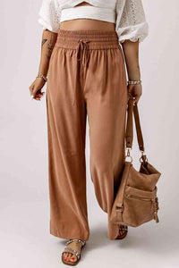 Drawstring Smocked Waist Wide Leg Pants (3 Colors) pants Krazy Heart Designs Boutique Brown S 