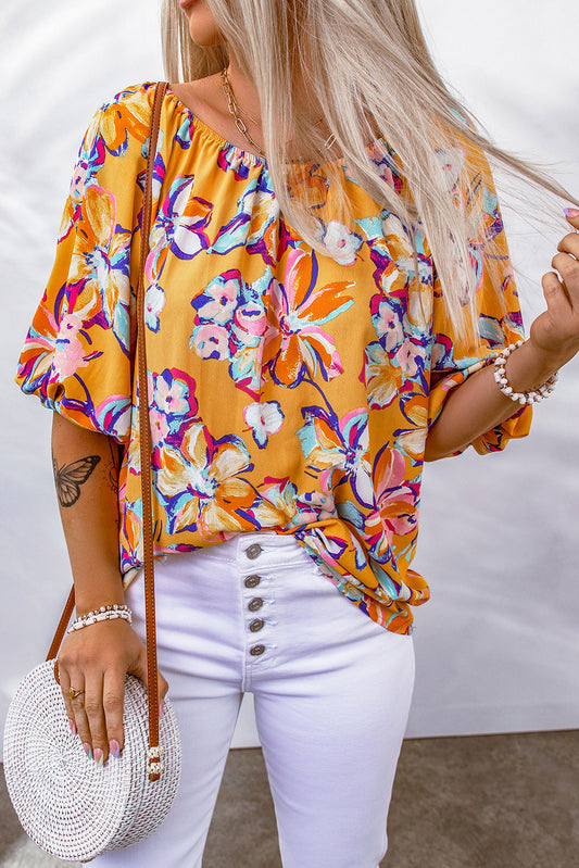 Floral Puff Sleeve Boat Neck Blouse  Krazy Heart Designs Boutique   