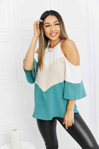 Hailey & Co Full Size Color Block Cold-Shoulder Blouse  Krazy Heart Designs Boutique White/Green S 