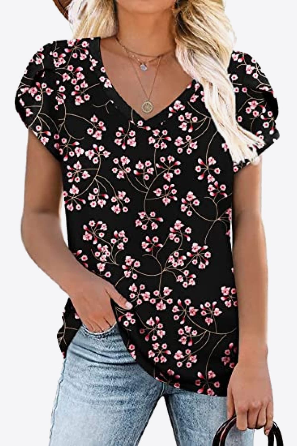 Printed Petal Sleeve V-Neck Blouse (12 Color Styles)  Krazy Heart Designs Boutique Black S 