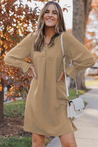 Long Puff Sleeve Notched Neck Dress (2 Colors)  Krazy Heart Designs Boutique Camel S 