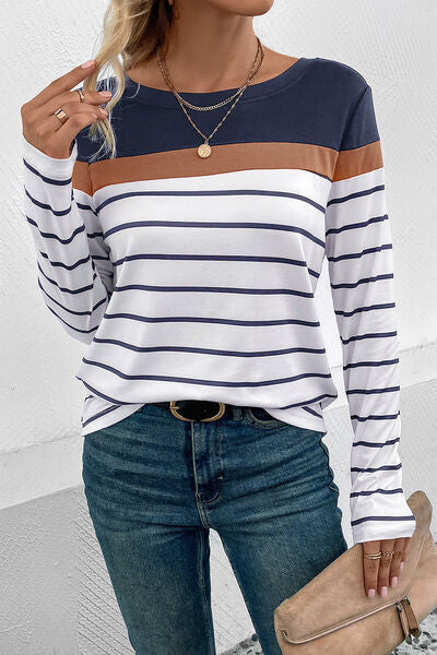 Striped Round Neck Long Sleeve Top (4 Colors) Shirts & Tops Krazy Heart Designs Boutique Navy S 