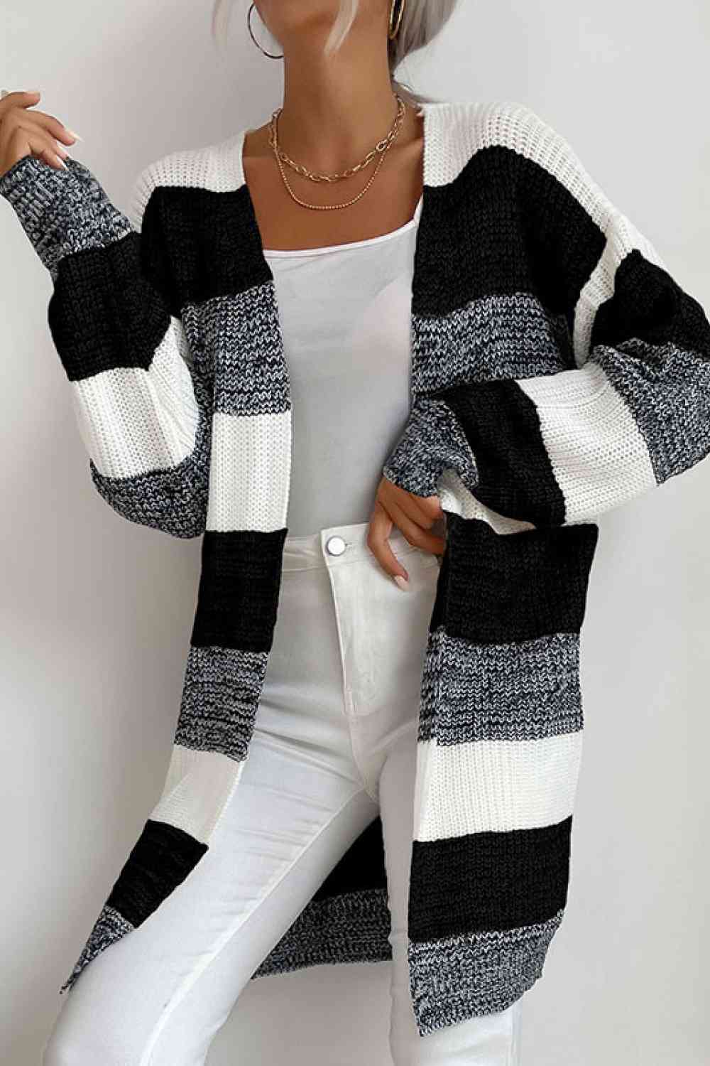 Striped Long Sleeve Duster Cardigan (5 Colors)  Krazy Heart Designs Boutique Black/White/Dark Gray S 