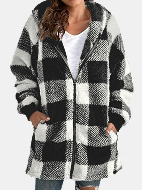 Plaid Zip Up Hooded Jacket with Pockets (7 Colors) coats Krazy Heart Designs Boutique Black S 