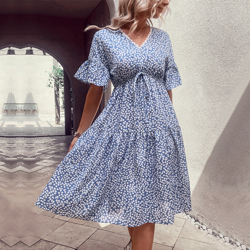 Floral Flounce Sleeve V-Neck Dress  Krazy Heart Designs Boutique Misty  Blue XL 