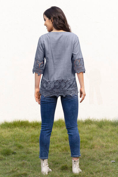 Tie Neck Lace Detail Half Sleeve Blouse (7 Colors) Shirts & Tops Krazy Heart Designs Boutique   