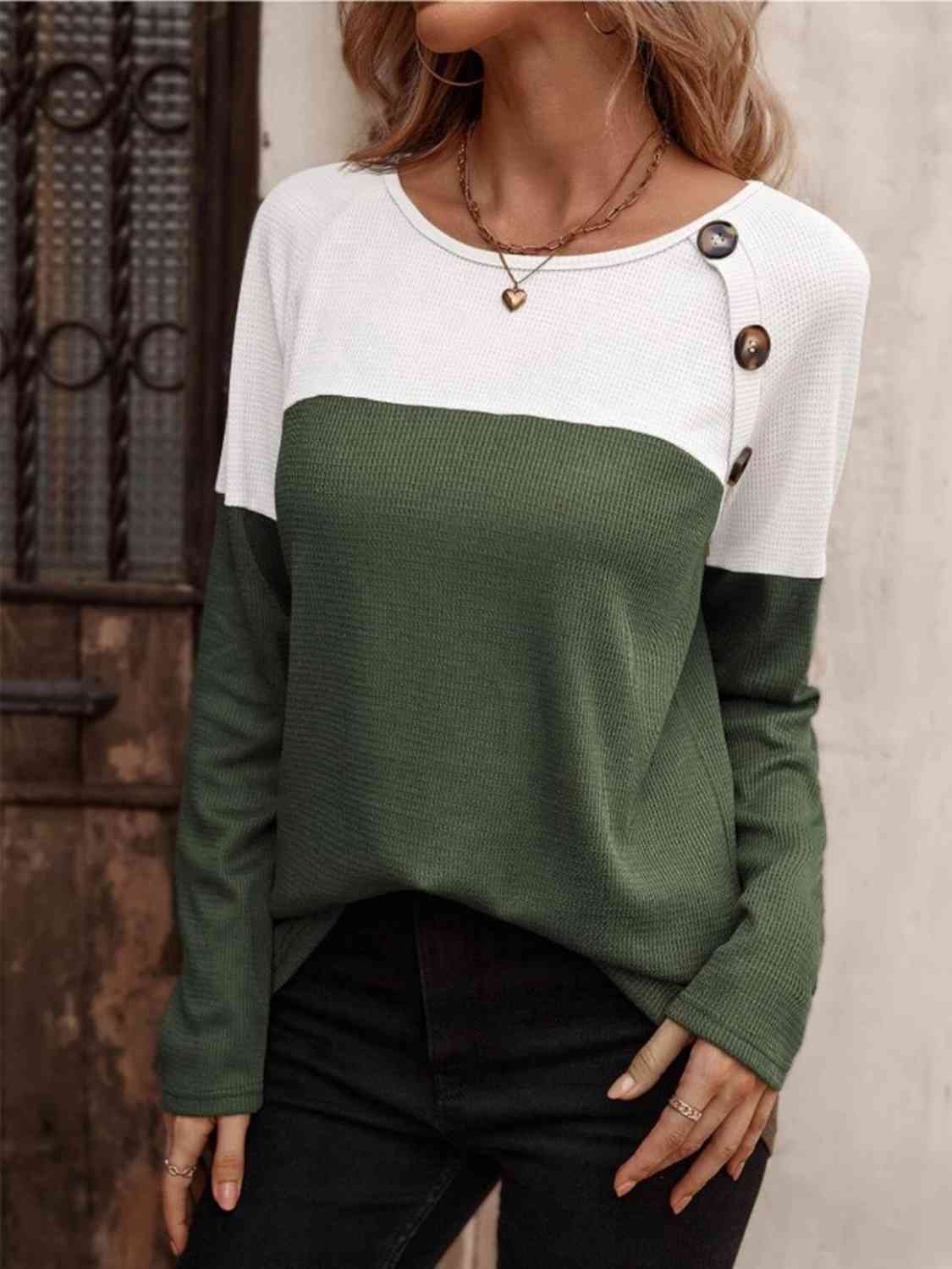 Contrast Round Neck Long Sleeve T-Shirt  Krazy Heart Designs Boutique   