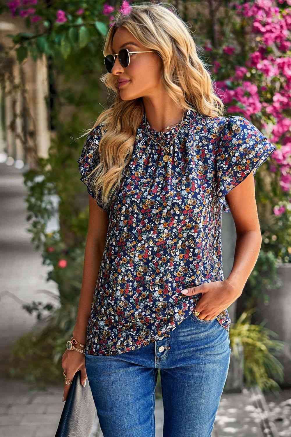 Floral Round Neck Flutter Sleeve Blouse (2 Colors) Shirts & Tops Krazy Heart Designs Boutique Navy S 