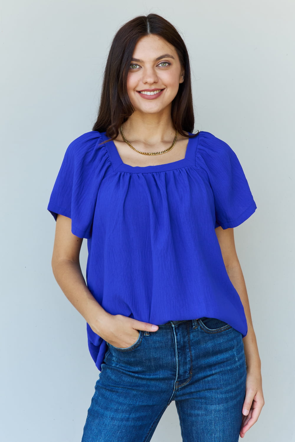 Ninexis Keep Me Close Square Neck Short Sleeve Blouse in Royal  Krazy Heart Designs Boutique Royal S 