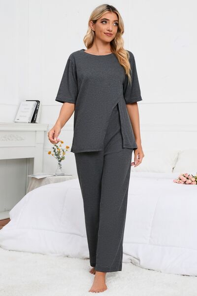 Slit Round Neck Top and Pants Lounge Set Loungewear Krazy Heart Designs Boutique Charcoal S 