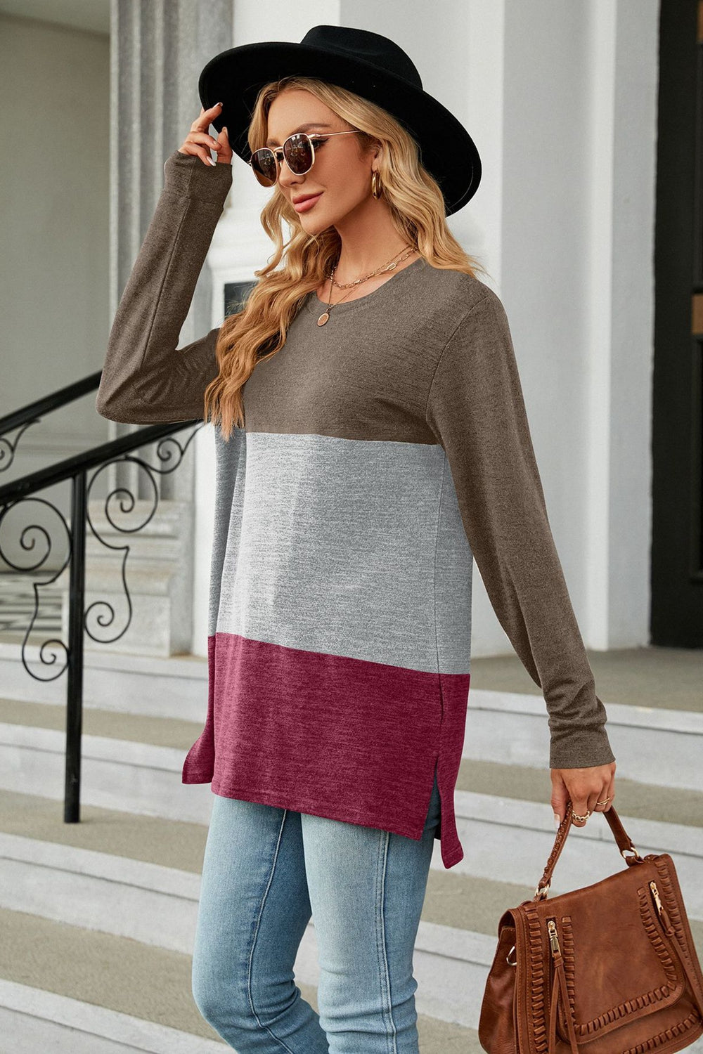 KHD Color Block Round Neck Long Sleeve Slit Top (7 Colors)  Krazy Heart Designs Boutique   