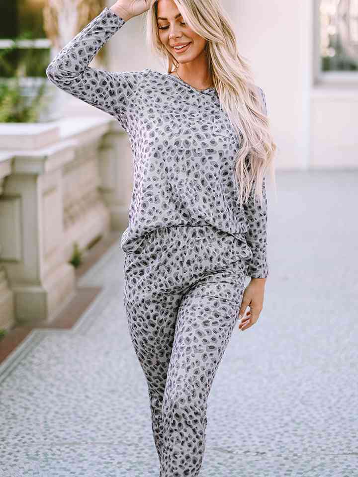 Leopard Print Long Sleeve Top and Pants Lounge Set Loungewear Krazy Heart Designs Boutique Cloudy Blue S 