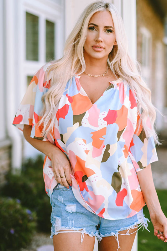 Multicolored Printed Notched Neck Half Sleeve Blouse  Krazy Heart Designs Boutique Multicolor S 