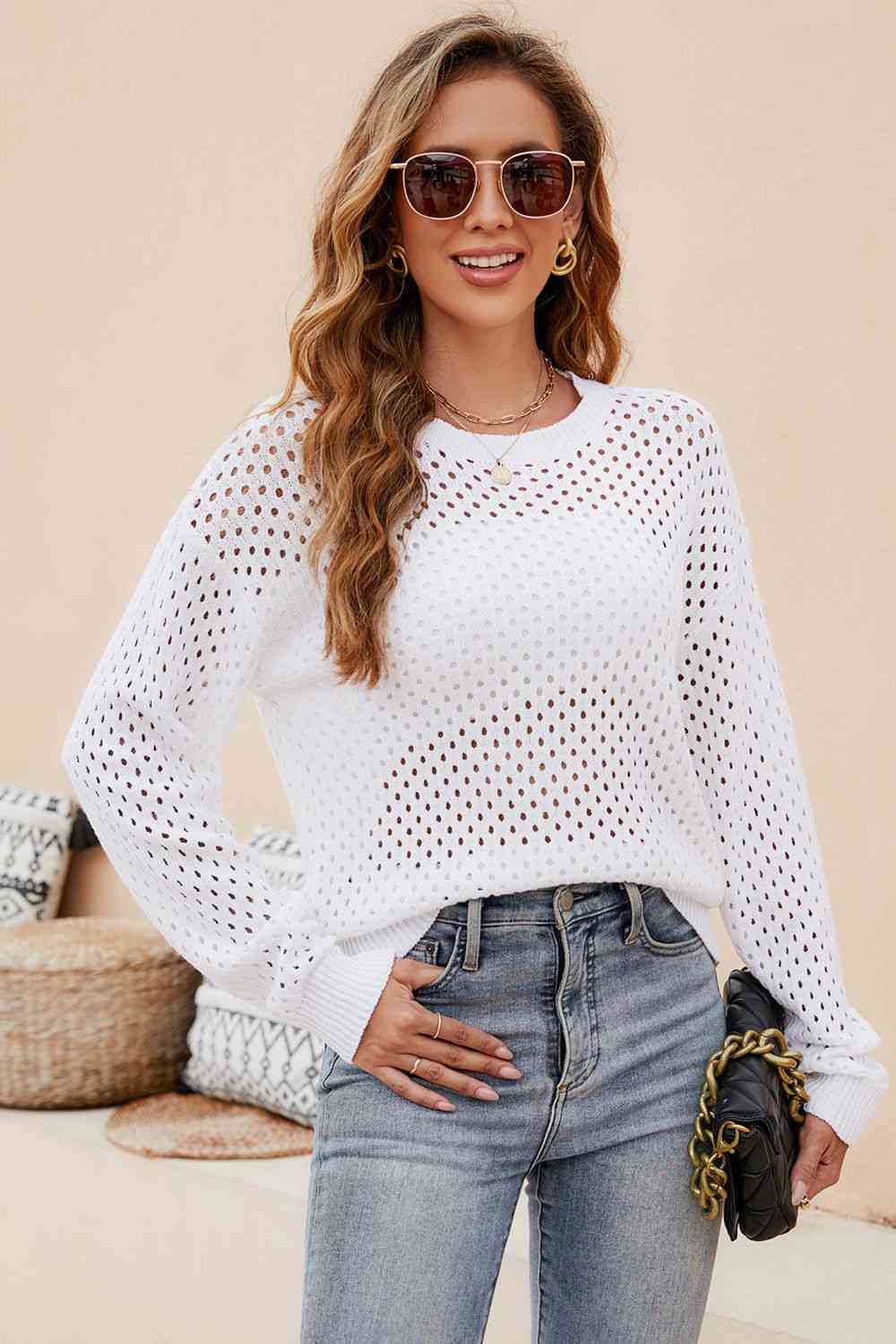 Round Neck Openwork Dropped Shoulder Knit Top  Krazy Heart Designs Boutique White S 