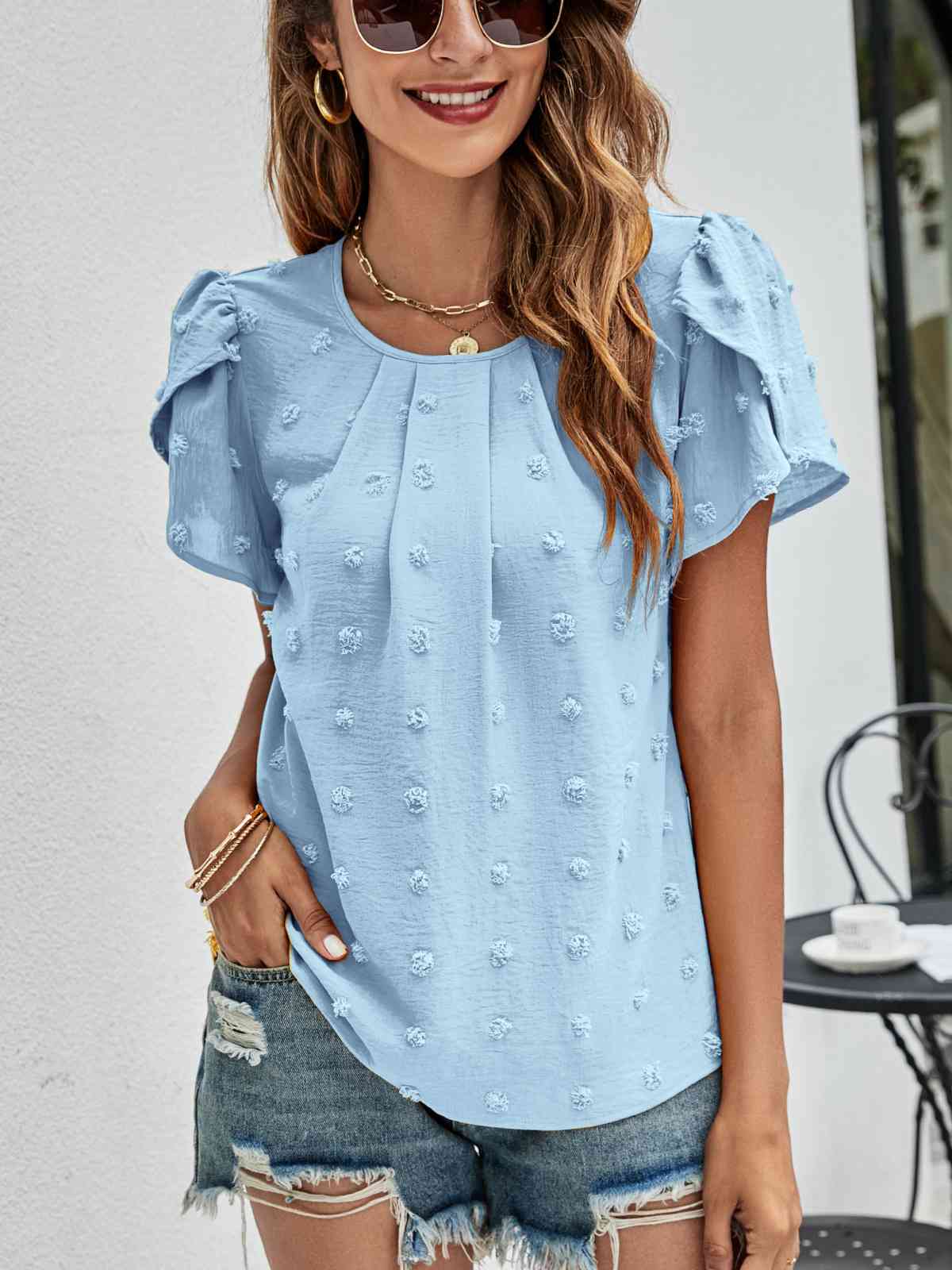 Swiss Dot Round Neck Petal Sleeve Top (10 Colors)  Krazy Heart Designs Boutique Blue S 