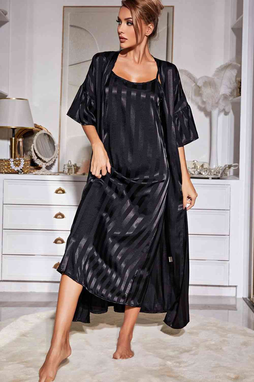 Striped Flounce Sleeve Open Front Robe and Cami Dress Lounge Set (2 Colors) Loungewear Krazy Heart Designs Boutique Black S 