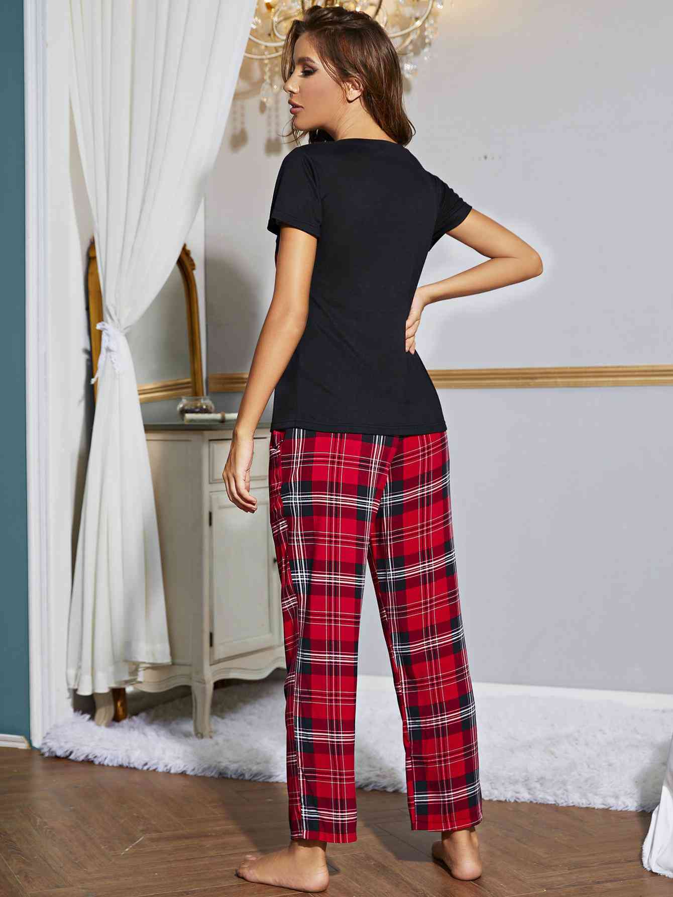 Heart Graphic V-Neck Top and Plaid Pants Lounge Set Loungewear Krazy Heart Designs Boutique   