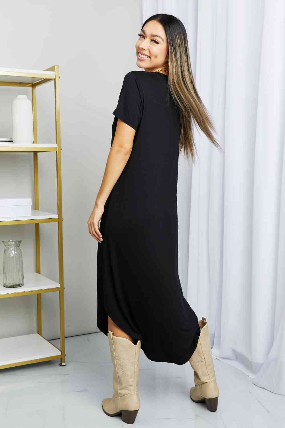 HYFVE V-Neck Short Sleeve Curved Hem Dress in Black  Krazy Heart Designs Boutique   