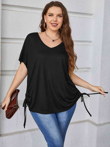Plus Size Drawstring V-Neck Short Sleeve Blouse (2 Colors)  Krazy Heart Designs Boutique Black 1XL 