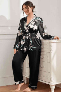Plus Size Floral Belted Robe and Pants Pajama Set (2 Colors) Loungewear Krazy Heart Designs Boutique   