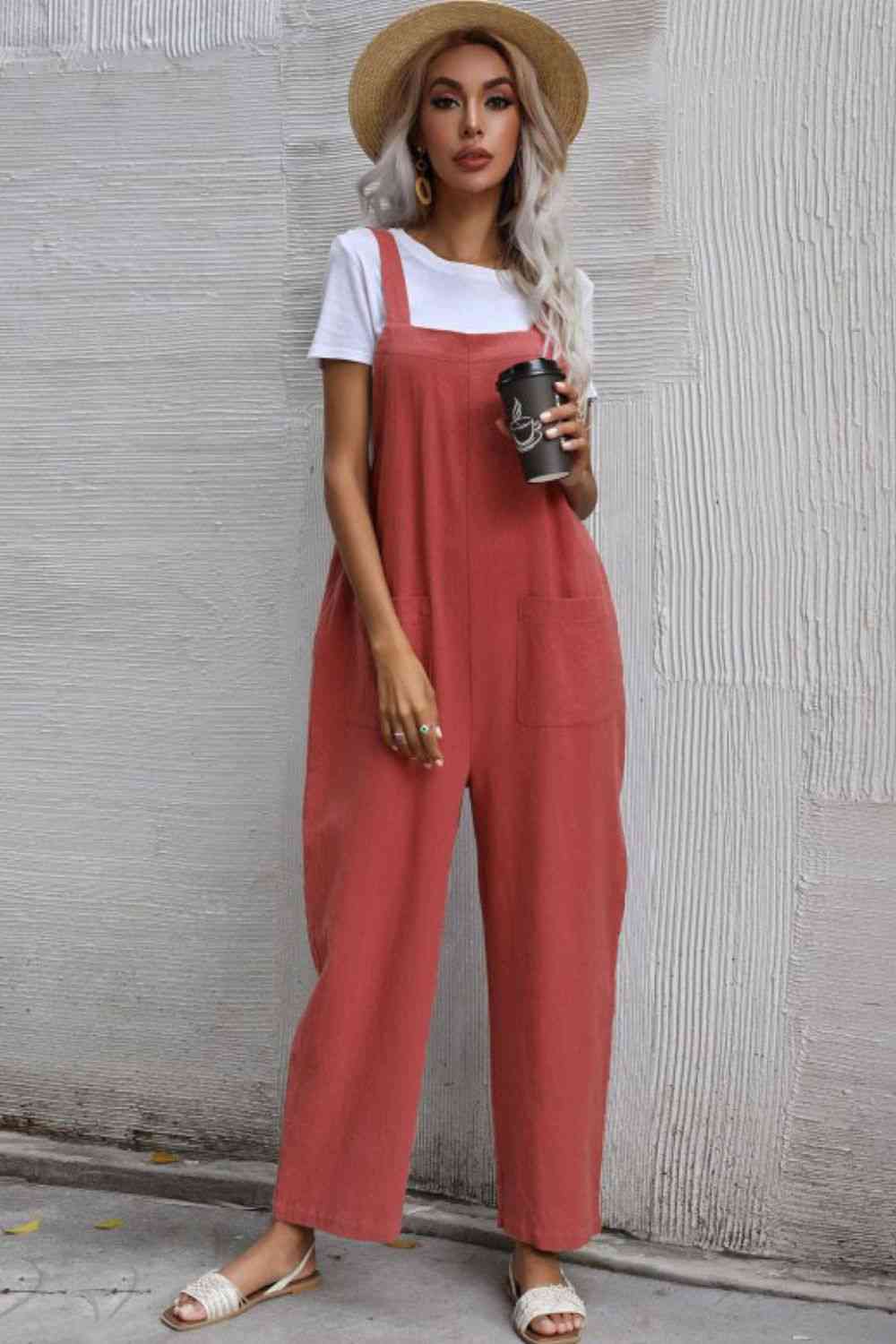 Wide Leg Overalls with Front Pockets (2 Colors)  Krazy Heart Designs Boutique Coral S 