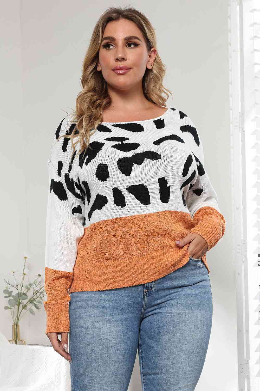Plus Size Leopard Round Neck Long Sleeve Sweater (3 Colors)  Krazy Heart Designs Boutique Ochre L 