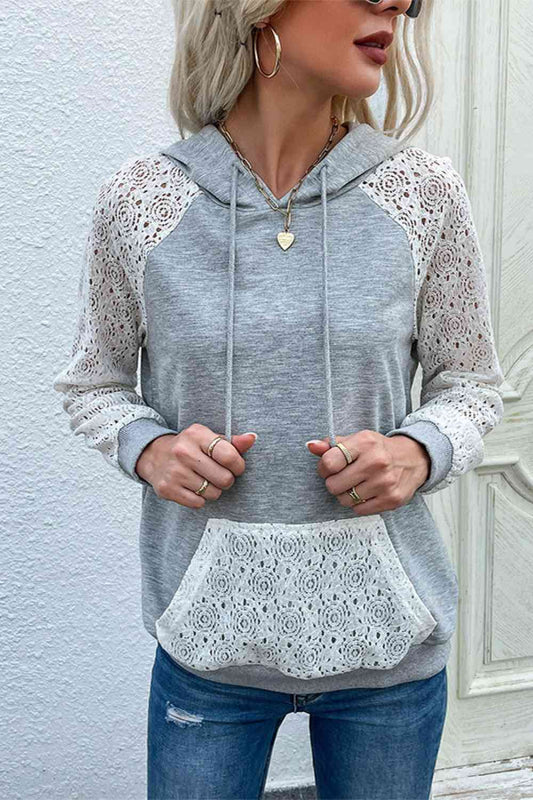 Lace Raglan Sleeve Drawstring Hoodie Shirts & Tops Krazy Heart Designs Boutique Gray S 